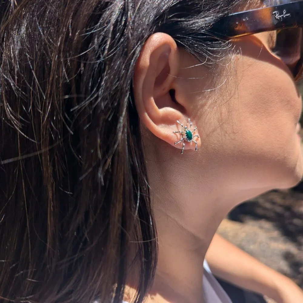 Handmade Navajo Stud Earrings Native American Spider Malachite Stone Jewelry ***